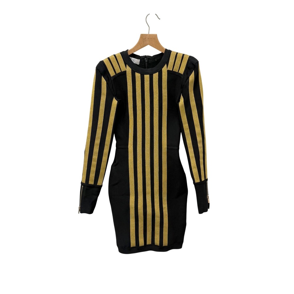 House of CB Balthazar Black Gold Metallic Stripe Bandage Mini Dress XS SB2391 - Picture 2 of 9